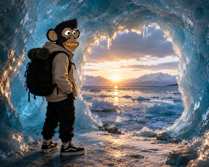 A stylized cartoon monkey character wearing a beige jacket and black backpack stands inside an ice cave, looking out at a dramatic sunset over an icy arctic landscape.