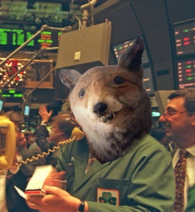 A surreal image shows a stock trader on a busy trading floor wearing a green jacket with a 4-H clover patch and a realistic coyote head mask.