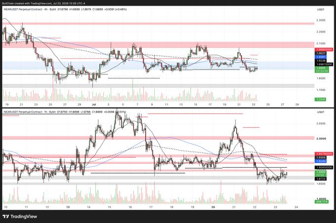 This image shows $NEAR/USDT trading charts on TradingView, with the text indicating a perpetual contract and price data. The charts illustrate the performance of NEAR, aligning with the post's claim about its market strength.
