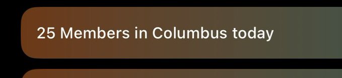 An informational banner displays "25 Members in Columbus today" in white text on a brown gradient background, indicating the current member count. This relates to the post's question about whether the number will reach 100, suggesting a growth goal from the current 25 members.