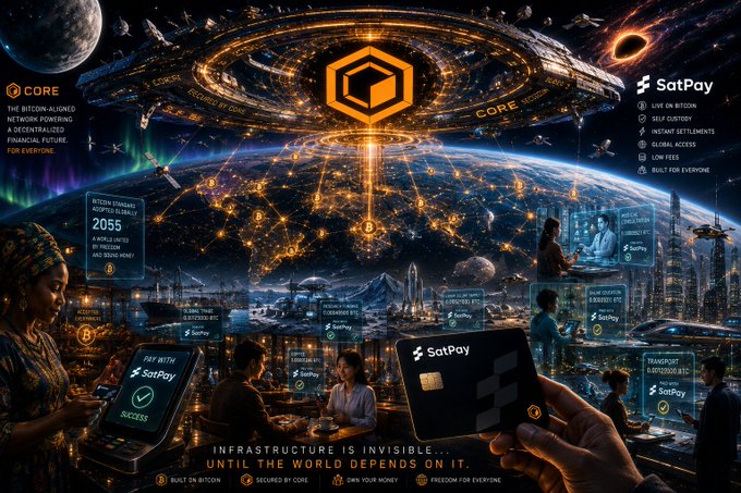 The image is a futuristic advertisement-style graphic featuring the "CORE" and "SatPay" logos, showcasing a global Bitcoin-aligned payment network with the tagline "INFRASTRUCTURE IS INVISIBLE... UNTIL THE WORLD DEPENDS ON IT." It depicts "Bitcoin Straxus" adopted globally by 2,055 individuals, families, and businesses, with promises of decentralization, self-custody, low fees, and accessibility, alongside imagery of citizens using SatPay cards on their phones. The accompanying post emphasizes how Bitcoin must integrate with existing banks, payment networks, and financial institutions rather than exist in isolation—a theme reflected in the image's vision of SatPay as a seamless bridge bringing Bitcoin into everyday commerce worldwide.