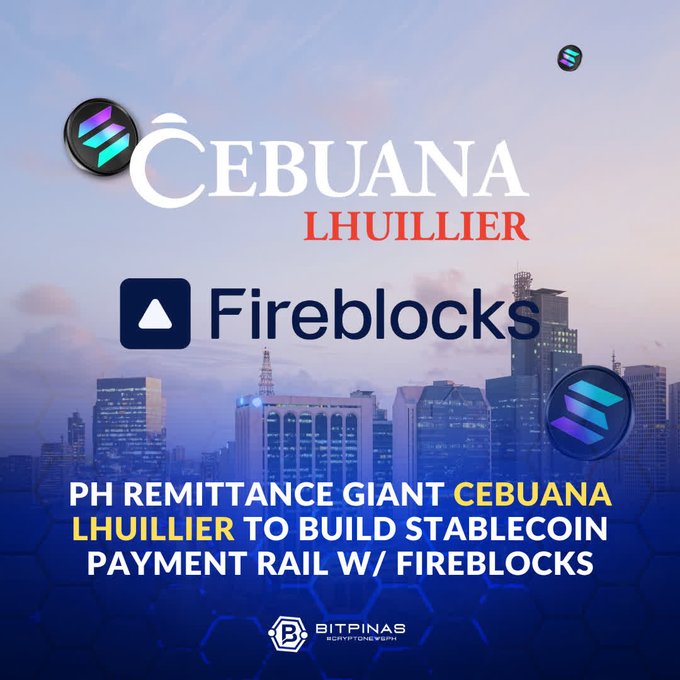 A news graphic by BitPinas announcing that Philippine remittance giant Cebuana Lhuillier will build a stablecoin payment rail with Fireblocks.