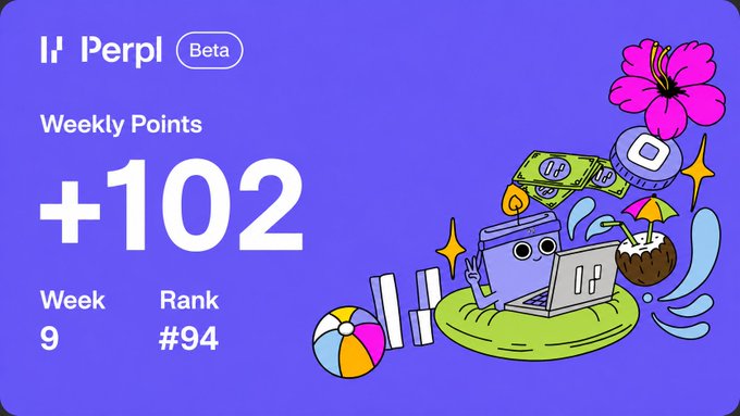 A Perpl Beta weekly points dashboard displays Week 9 with "+102" points earned and a rank of #94, accompanied by a colorful illustration of a laptop, beach ball, hibiscus flower, and tropical drink. The image directly corresponds to the update, which highlights the 102 points and $300k trading volume alongside a rising open interest of $96k.