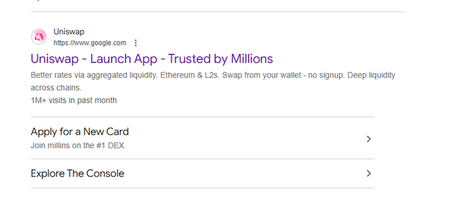 A Google search result listing for 'Uniswap - Launch App - Trusted by Millions' with the URL www.google.com, describing it as a better rates via aggregated liquidity platform for Ethereum & L2s.