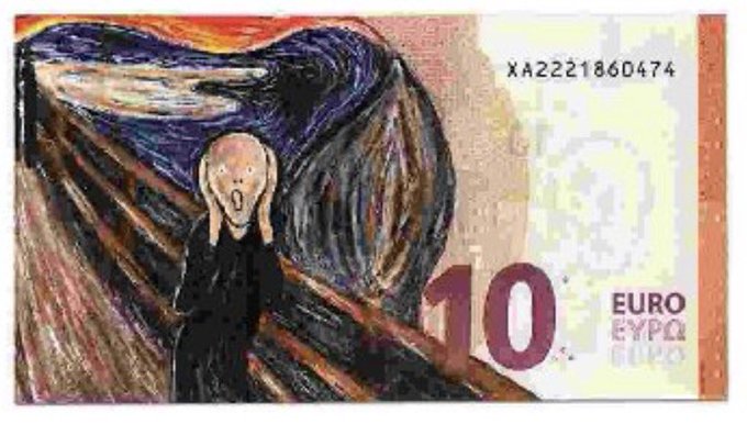 A novelty-style 10 Euro banknote featuring Edvard Munch's iconic "The Scream" painting, with the serial number "XA2221860474" and "EURO/EYPO/EIRO" text visible. The post celebrates the item as a prized collectible parody art piece referencing the famous expressionist masterpiece.