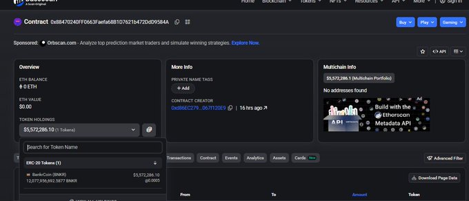 A screenshot of the Etherscan blockchain explorer displaying a token contract overview with 0 ETH balance and $0.00 ETH value, showing a single token holding of $1,572,286.10 (1 Token).