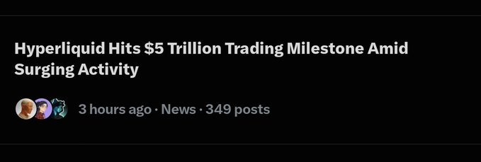 A dark-themed news headline reading 'Hyperliquid Hits $5 Trillion Trading Milestone Amid Surging Activity' posted 3 hours ago with 349 posts.