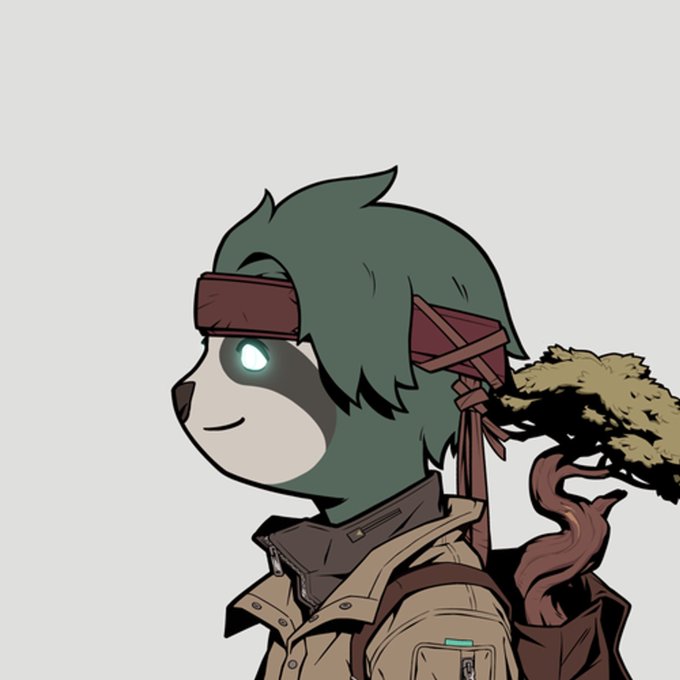 A cartoon character with a raccoon-like mask, green hair, a red headband, and a backpack carrying a bonsai tree looks to the side with a glowing eye.