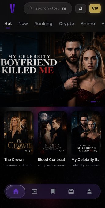 A mobile app interface displays a featured story titled "MY CELEBRITY BOYFRIEND KILLED ME" with a man holding a gun to a woman's head, alongside other romance and drama stories like "The Crown" and "Blood Contract".