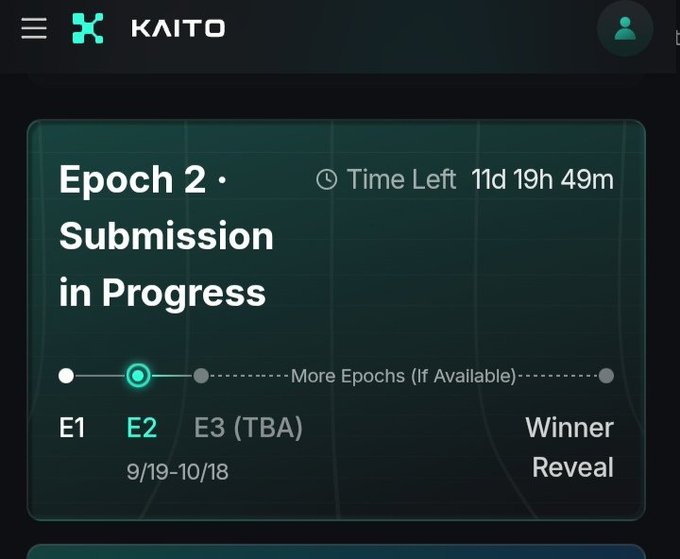 A screenshot of the KAITO app interface showing 'Epoch 2 Submission in Progress' with a timer indicating '11d 19h 49m' left and a progress timeline for E1, E2, and E3.