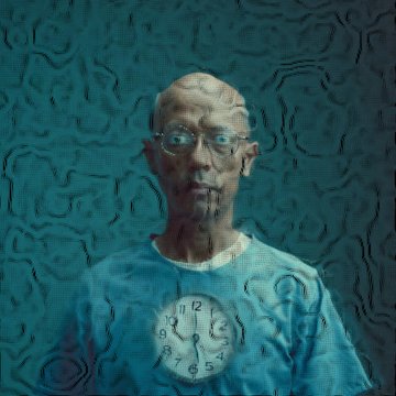 A stylized portrait of an elderly man wearing glasses and a blue shirt with a clock face on it, set against a textured teal background.