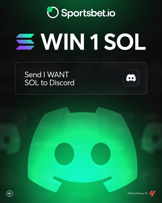 The image features an advertisement for Sportsbetio's "Win 1 Sol" event. The main visual element of the advertisement is a green square containing the logo of an online gaming platform called Solana. This logo, along with some text at the bottom left corner and right side of the screen, promotes a giveaway where users can win Solana by sending their friends to Discord.