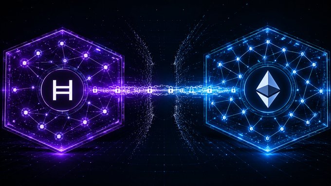 A glowing purple hex containing the Hedera logo (ℏ) connects to a blue hex featuring the Ethereum symbol (Ξ) via a chain of glowing binary code, visually representing HIP-1535's CLPR protocol enabling direct, trustless interoperability between Hedera (HBAR) and other ledgers like Ethereum without bridges or wrapped tokens.
