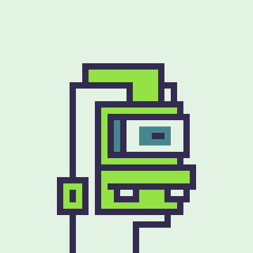 A pixel-art illustration of a green, robot-like character wearing a teal visor against a pale green background.