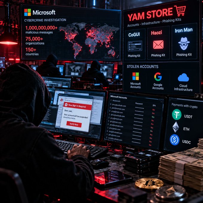 Image of a cybercrime investigation scene with monitors displaying "Microsoft CYBERCRIME INVESTIGATION" (1,000,000,000+ malicious messages, 75,000+ organizations, 150+ countries), a "YAM STORE" selling phishing kits (CoGUI, Haozi, Iron Man) and stolen accounts (Microsoft, Google, Cloud), plus crypto payment options (USDT, ETH, USDC).