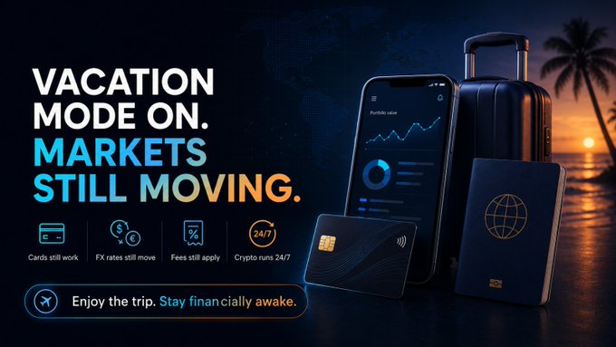 A promotional graphic featuring the bold headline "VACATION MODE ON. MARKETS STILL MOVING." alongside a smartphone displaying a portfolio chart, a credit card, and a passport set against a tropical beach backdrop at sunset, illustrating the post's message that financial markets and crypto trading continue 24/7 even while on vacation. The image includes supporting icons reinforcing key points: "Cards still work," "FX rates still move," "Fees still apply," and "Crypto runs 24/7," with a call-to-action banner reading "Enjoy the trip. Stay financially awake."