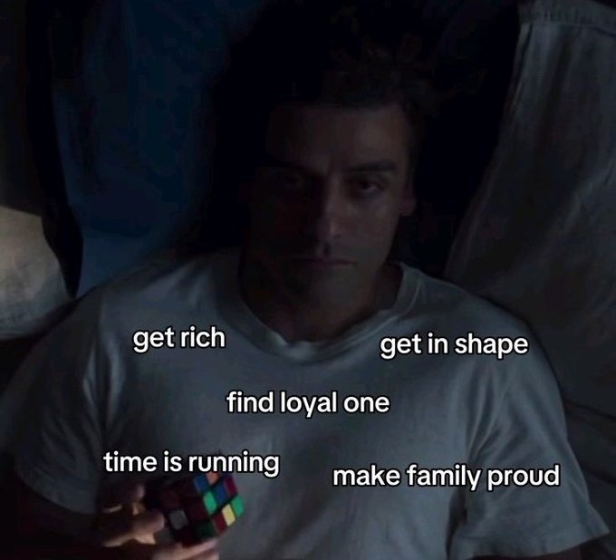 The image shows a young man lying in bed in the dark, holding a Rubik's cube, with text overlaid reading "get rich," "get in shape," "find loyal one," "make family proud," and "time is running." The post asking "Why can't you sleep bro?" ties into the image's depiction of late-night anxiety and the pressure of looming life goals weighing on the man's mind.