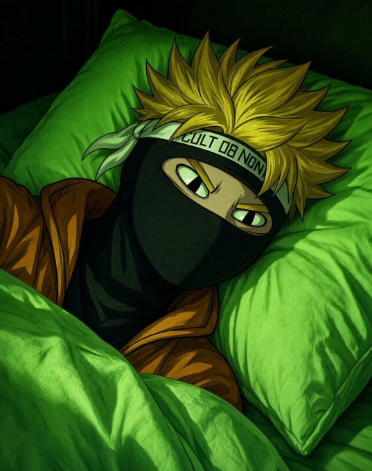 An anime illustration of a character with spiky blonde hair wearing a black balaclava with a headband, lying in bed under green covers.