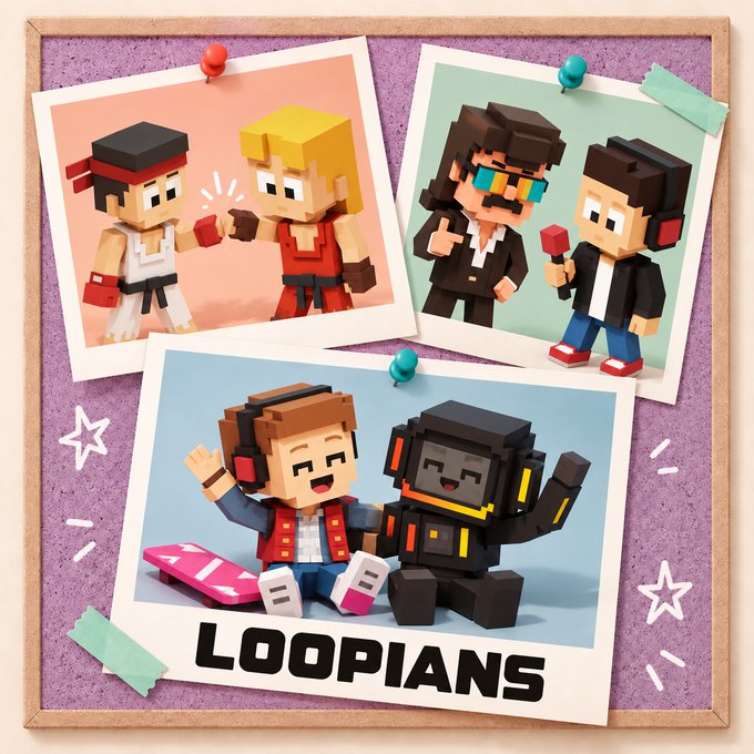 A promotional graphic for 'LOOPIANS' featuring three polaroid-style photos of blocky, voxel-style characters, including two characters in martial arts poses and others wearing headphones and sunglasses.