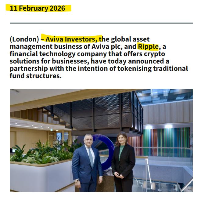 A February 11, 2026 announcement from London detailing a partnership between Aviva Investors (the global asset management arm of Aviva plc) and Ripple to tokenize traditional fund structures, with an accompanying photo showing two executives—one in a blue suit and one in a dark blazer—posed in a modern office space featuring a large blue "R" sculpture, symbolizing the early stage of Ripple's emerging tokenization infrastructure on the XRP Ledger.