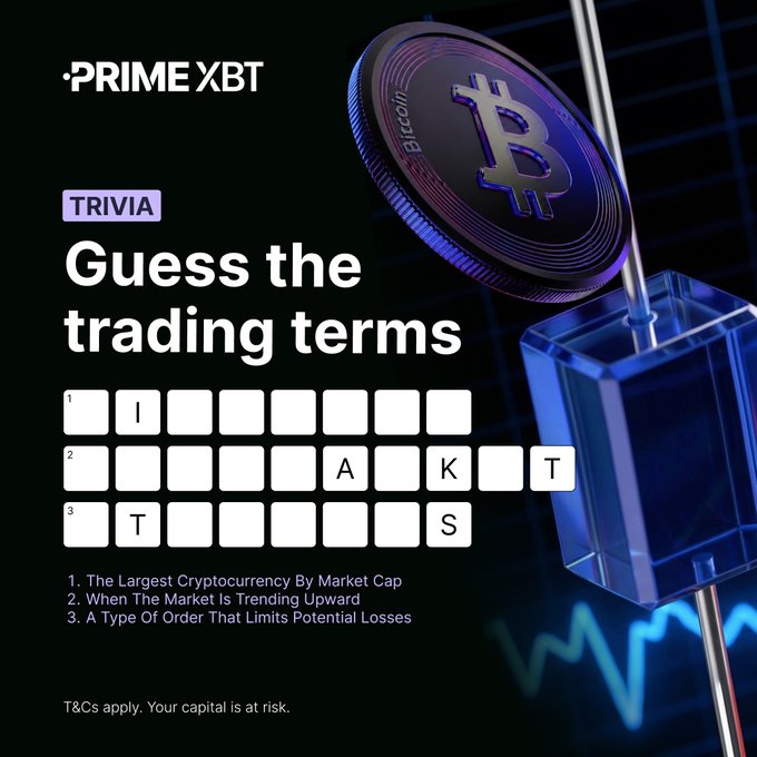 The image features a trading terms game with a purple coin, which appears to be a Bitcoin token or a similar digital currency. The game prompt asks participants to guess the correct term for the coin's value. There are two options provided on the screen - "guess the trading terms" and "guess the cryptocurrency". A participant needs to choose one of these options correctly in order to win 20 dollars.