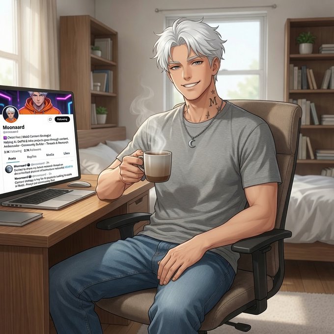 An anime-style illustration depicts a smiling man with silver hair holding a coffee mug in a bedroom, while a social media profile pop-up appears on a laptop screen beside him.
