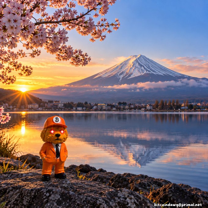A stylized image of a dog dressed in an orange suit and hat with 'B' logo, set against a scenic backdrop of Mount Fuji, cherry blossoms, and a lake at sunset, with the watermark 'bitcoindawg@primal.net'.