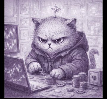 A purple-hued illustration shows a grumpy cat wearing a hoodie, typing on a laptop with crypto charts on screens, surrounded by stacks of coins and a small plant sprouting from its head—visually representing the post’s message about holding rare, identity-driven crypto assets like ETH and XP ahead of the upcoming Ethos 1.0 release.