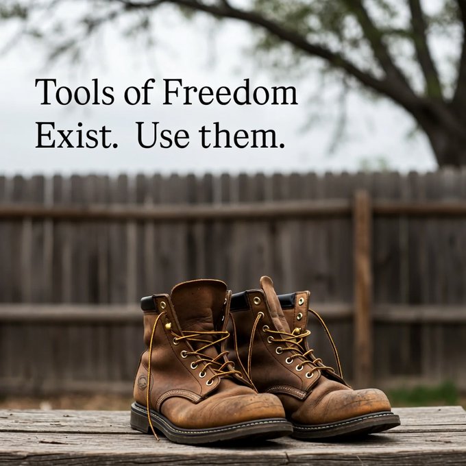 The image features a pair of brown work boots sitting on top of a wooden bench or table, with a fence visible behind them. The text "True. We gotta use them." is written above the boots, which suggests that the boots are being used for their intended purpose and not just as an accessory.