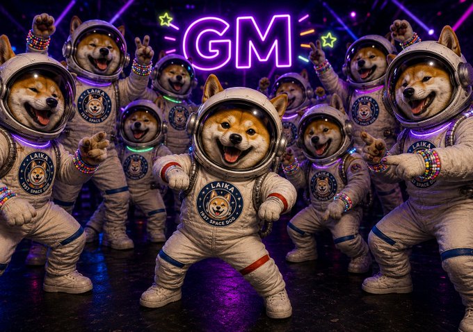 AI-generated illustration of multiple Shiba Inu dogs wearing astronaut suits with 'LAIKA FIRST SPACE DOG' patches, posing under a neon 'GM' sign.