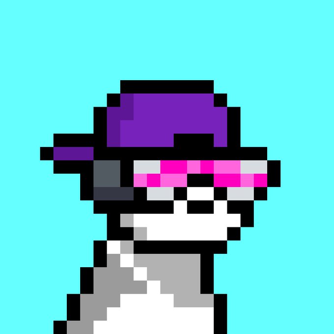 A pixel art illustration of a character with pink hair, a purple hat, and pink visor sunglasses on a teal background.