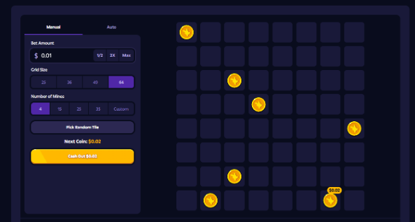 A screenshot of a Mines game interface on Roobet showing a manual mode betting panel on the left with a $0.01 bet amount, 64 grid size, 6 mines selected, and a "Cash Out $0.03" button, alongside the game board displaying several revealed squares marked with yellow pickaxes—likely referencing the narrator's humorous overanalysis of which square to click next while playing.