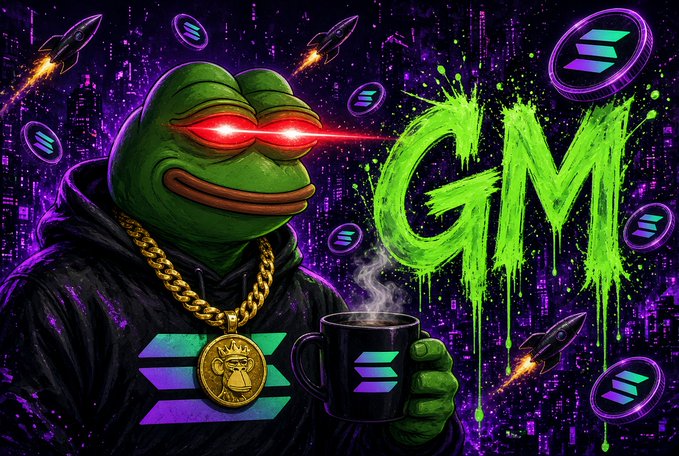 A digital illustration of a frog wearing sunglasses and a gold chain, holding a coffee cup, set against a purple background with 'GM' written in green paint.