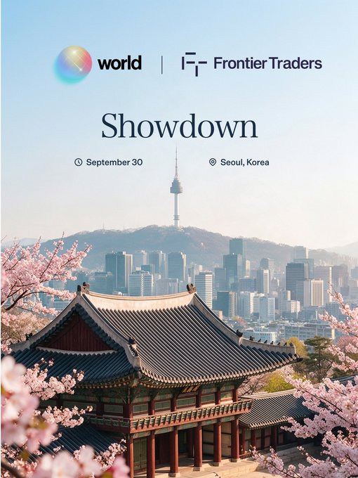 The image is a promotional poster titled "Showdown" featuring the World and Frontier Traders logos, scheduled for September 30 in Seoul, Korea, set against a scenic backdrop of traditional Korean architecture, cherry blossoms, and the N Seoul Tower skyline—directly matching the post's invitation to a Korea-based prediction event.