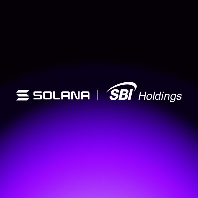 The image displays the Solana and SBI Holdings logos side-by-side against a purple-to-black gradient background, representing the partnership announced in the post where SBI Holdings is collaborating with the Solana Foundation to build a Japan-led onchain financial market featuring yen stablecoins and tokenized real-world assets.