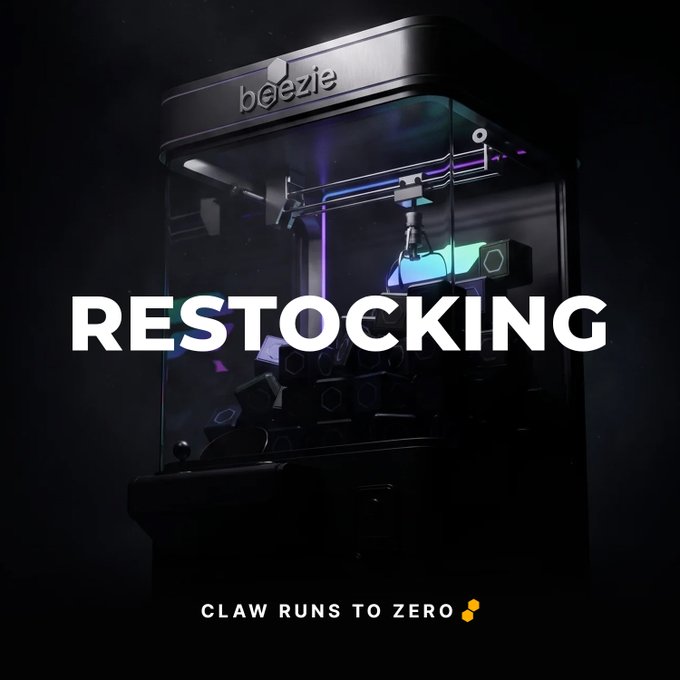 A dark promotional image for 'beezie' showing a claw machine with the text 'RESTOCKING' and 'CLAW RUNS TO ZERO' below it.