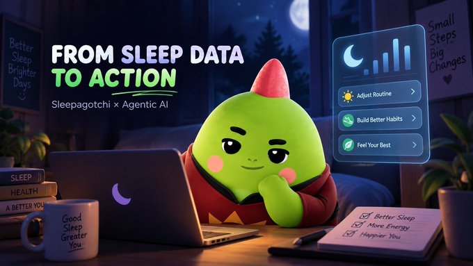 A promotional graphic featuring a cute green creature using a laptop at night, with the text 'FROM SLEEP DATA TO ACTION' and 'Sleepagotchi x Agentic AI', alongside a checklist and floating UI elements.