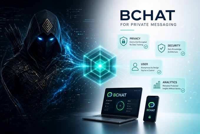 Promotional graphic for BCHAT, a private messaging service, featuring a hooded figure with glowing blue eyes alongside features like 'Privacy: End-to-End Encrypted, No Data Tracking,' 'Security: Zero-Knowledge Architecture,' 'User: Anonymous by Design,' and 'Analytics: Metadata Protected.'