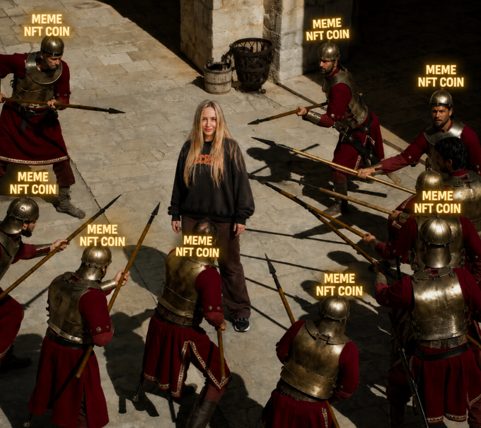 A meme image showing a young woman standing calmly in the center of a circle of armored guards with spears pointing at her, with 'MEME NFT COIN' text floating above each guard.