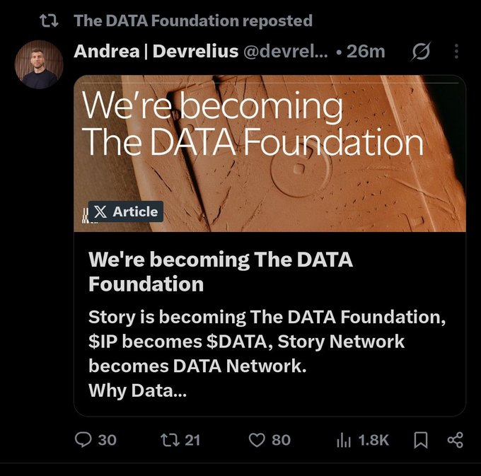 The image shows a reposted tweet by Andrea | Devrelius (@devrel...) announcing "We're becoming The DATA Foundation," with a preview card explaining that Story is rebranding to The DATA Foundation, $IP becoming $DATA, and Story Network becoming DATA Network. This aligns with the accompanying post noting Story's rebrand to @datafdn, with the token ticker changing from $IP to $DATA.