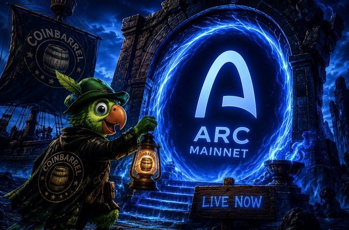 A pirate parrot mascot wearing a "CoinBarrel" medallion holds a lantern in front of a glowing portal displaying the "ARC MAINNET" logo, with a "LIVE NOW" sign beneath it—visually symbolizing the post's endorsement of buying ARC tokens exclusively through Coinbarrel and warning against risky new launchpads.