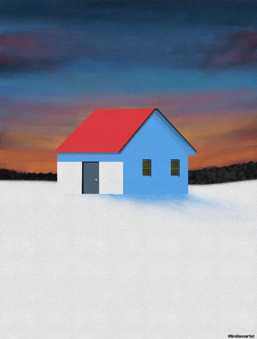 The image features an abstract painting of a blue house with a red roof, set against a snowy landscape during sunset. The sky above the house has a beautiful gradient effect, transitioning from orange at the horizon to purple as it meets the clouds. The house is located in the center of the painting and stands out due to its vibrant colors. The artist's use of color and composition creates an interesting visual experience that captures the viewer's attention.