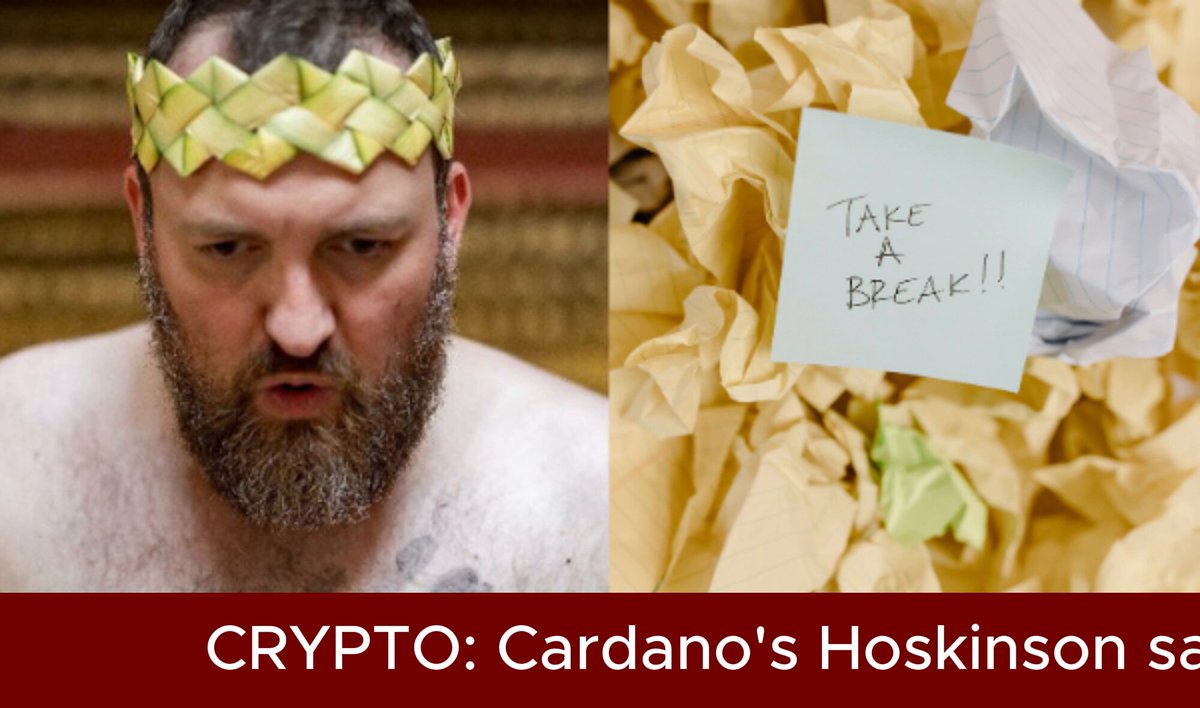 The image features a man with a beard wearing a crown, which has the words "Take a break!" written on it. The man appears to be in a robe or costume, possibly as part of a performance or event. Below him, there is a note that reads "I'm taking a break!". This message seems to be related to Cardano's founder Charles Hoskinson and his recent post about Bitcoin. The caption below the image states that the post was written by @IOHK_Charles, who had just warned the community about Bitcoin.