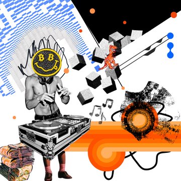 A surreal collage-style image features a shirtless DJ wearing a yellow smiley-face mask labeled "B B," mixing tracks at a turntable amid floating geometric shapes, musical notes, and grungy textures. The post "Grabbed me a few copies. Good stuff." suggests the artwork is the cover of a music release by an artist whose name or logo appears as "BB."