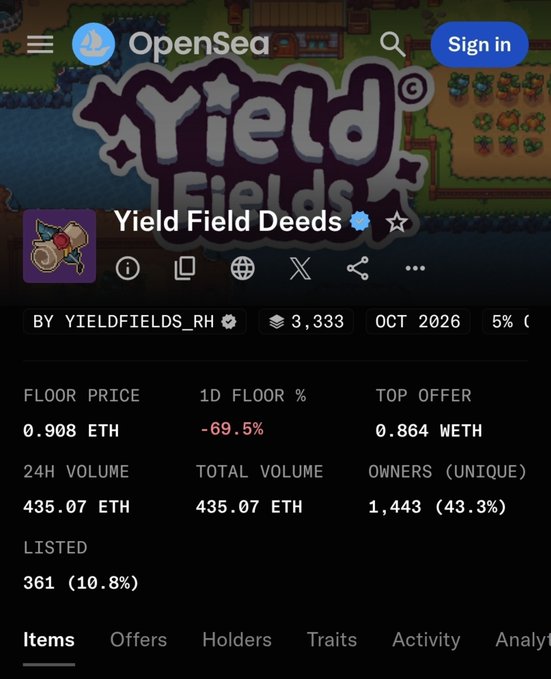 An OpenSea NFT collection page for 'Yield Field Deeds' showing a floor price of 0.908 ETH, a top offer of 0.864 WETH, and 24H volume of 435.07 ETH.