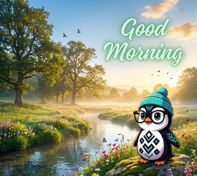 A cartoon penguin wearing glasses and a teal beanie stands in a meadow by a stream with the text "Good Morning" displayed above.