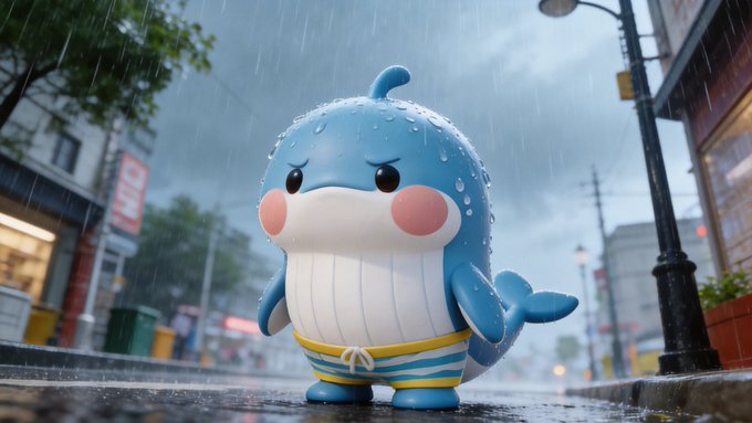 The image features a blue toy shark figurine standing on a wet street, with rain falling around it. The toy appears to be wearing swim trunks and has a sad expression on its face. In the background, there are buildings visible behind the toy, adding depth to the scene. The post includes text that reads "连续两天漏交链接", which could possibly be a reference to the toy shark's connection to an underwater theme or a popular video game franchise involving sharks.