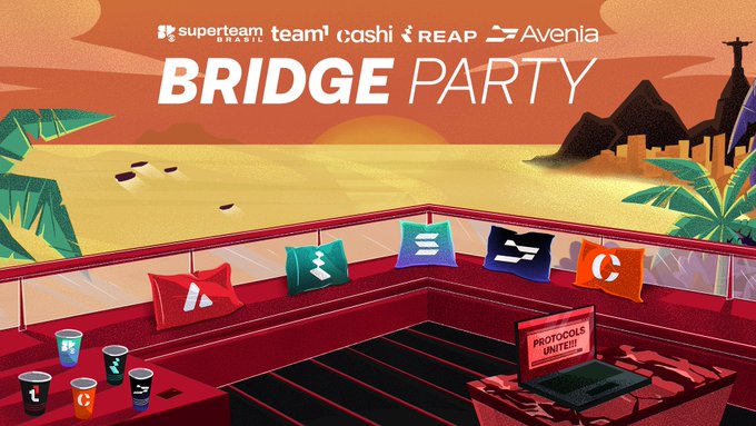 A promotional banner for a 'BRIDGE PARTY' event featuring logos for superteam Brazil, team1, cashi, REAP, and Avenia, set against a stylized sunset landscape with a red couch and branded cushions.