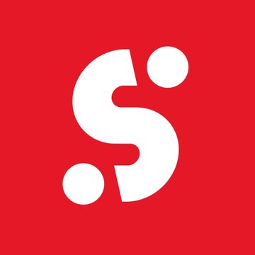 The logo for Storytel, featuring a stylized white 'S' formed by curved shapes and dots on a bright red background.