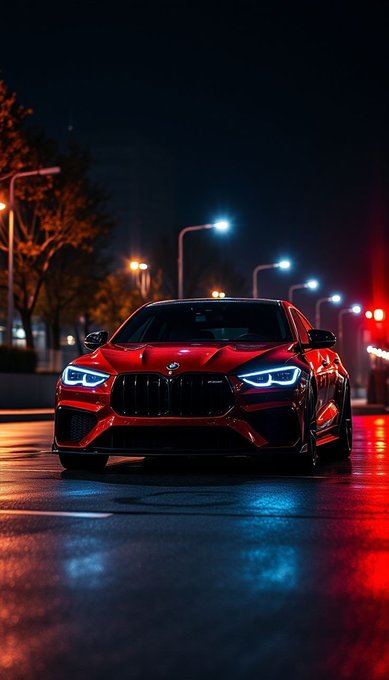 A red BMW sports car with illuminated headlights parked on a wet street at night, with glowing street lamps and reflections on the pavement.